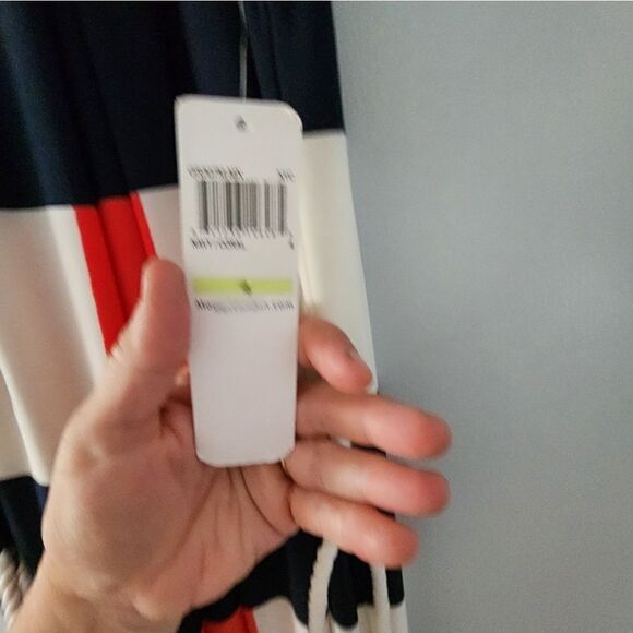 Blue and White Striped Long Maxi Dress Beachy Nautical Tie Coral Accent Color - Picture 5 of 7